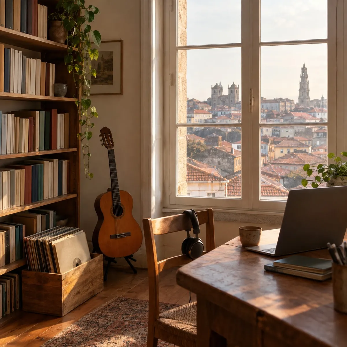 Um escritório em casa no Porto com livros, auscultadores e uma guitarra junto a uma janela sobre os telhados