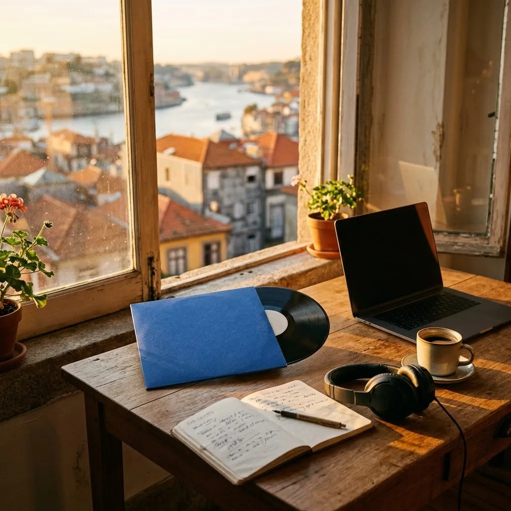 Um disco de vinil ao lado de um portátil aberto e de um caderno numa secretária de madeira ao fim da tarde